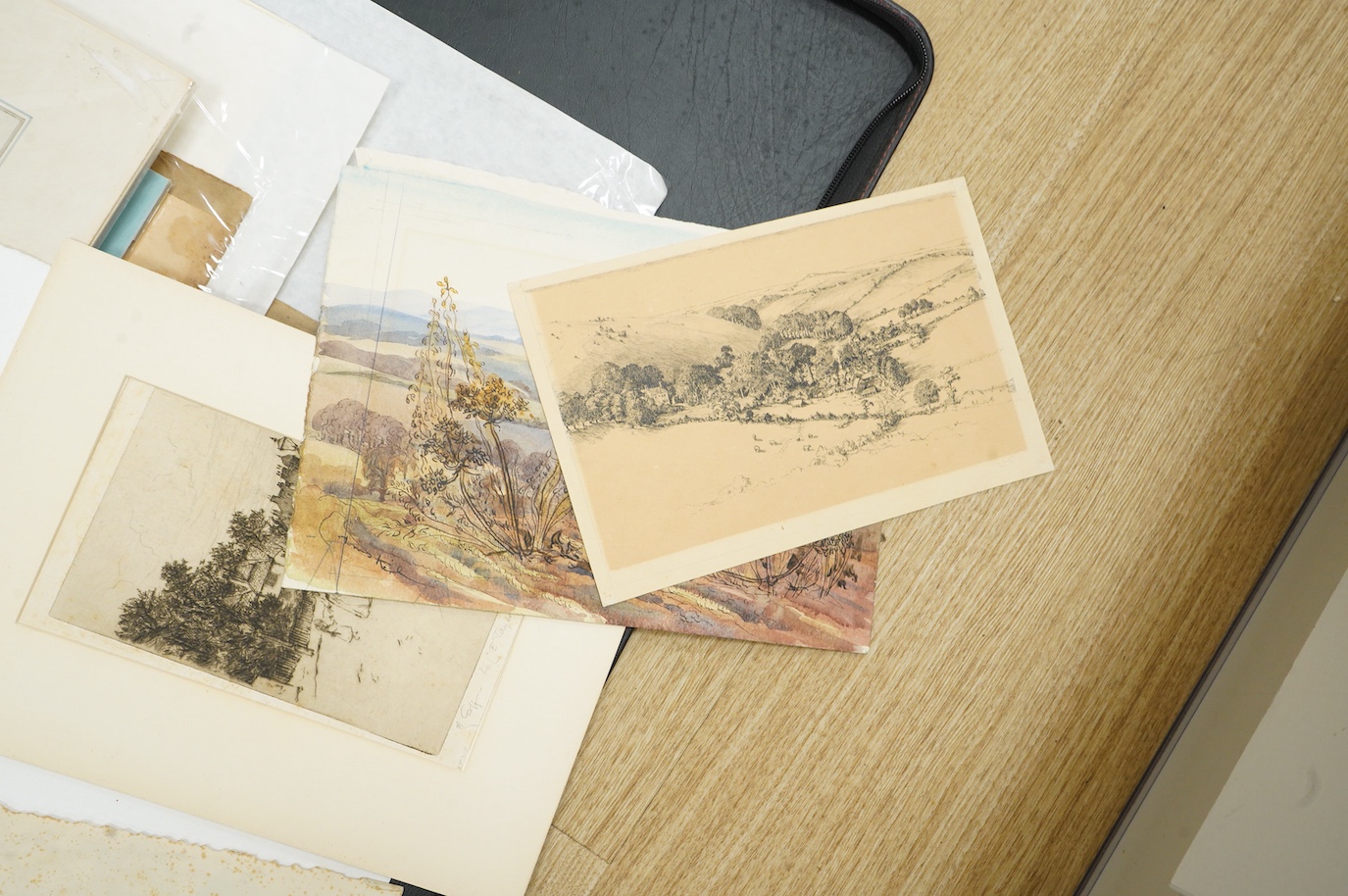 A large collection of watercolours, sketches and prints to include four works by J H Powell, maritime interest scenes, each signed, various 19th century and later watercolours and a set of maritime interest oleographs on